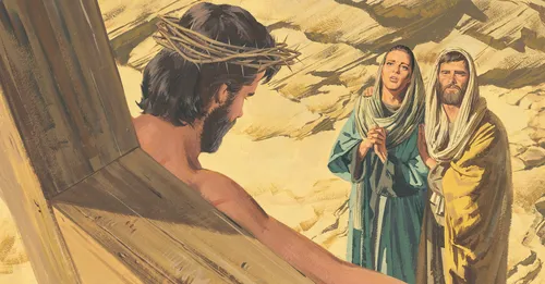 John and Mary looking up at Jesus