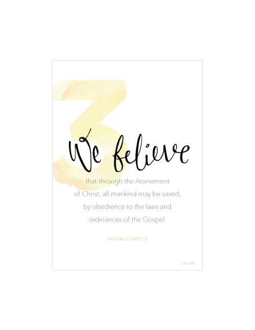 A white background with a large number 3 printed in yellow, paired with the words of Articles of Faith 1:3.