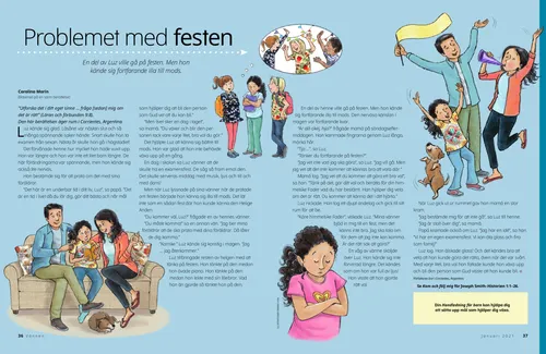 Pdf-sida med illustrationer av en flicka med sina vänner, när hon sitter tillsammans med sina föräldrar, när hon ber och när hon firar med sina föräldrar.