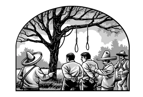 two bound men about to be hanged