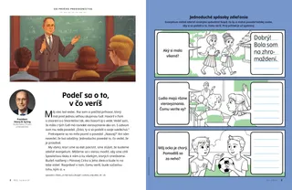 PDF aktivita zobrazujúca dve rozprávajúce sa dievčatá, dievča zdvíhajúce ruku v škole a dvoch rozprávajúcich sa chlapcov