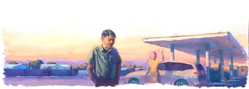 woman waving to man at a gas station