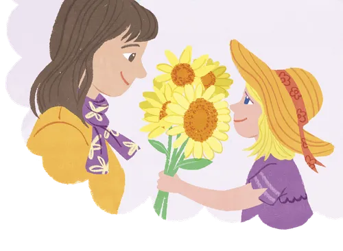 Girl giving sunflowers to neighbor