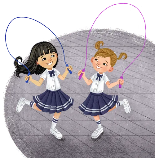 two girls jumping rope together