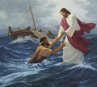 Jesus Christ walking on the water and reaching down to lift up Peter who is sinking. A fishing boat with other apostles is in the background.
