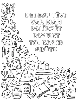 Krāsojamā lappusīte ar dažādiem skolas piederumiem un citiem priekšmetiem