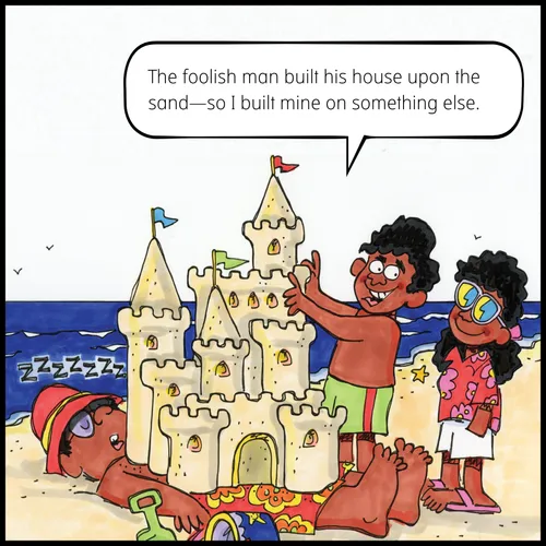 boy and girl building sandcastle on sleeping dad