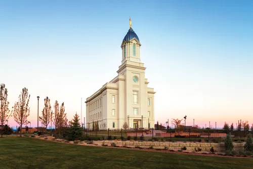 The exterior of the Cedar City Utah Temple at sunset.