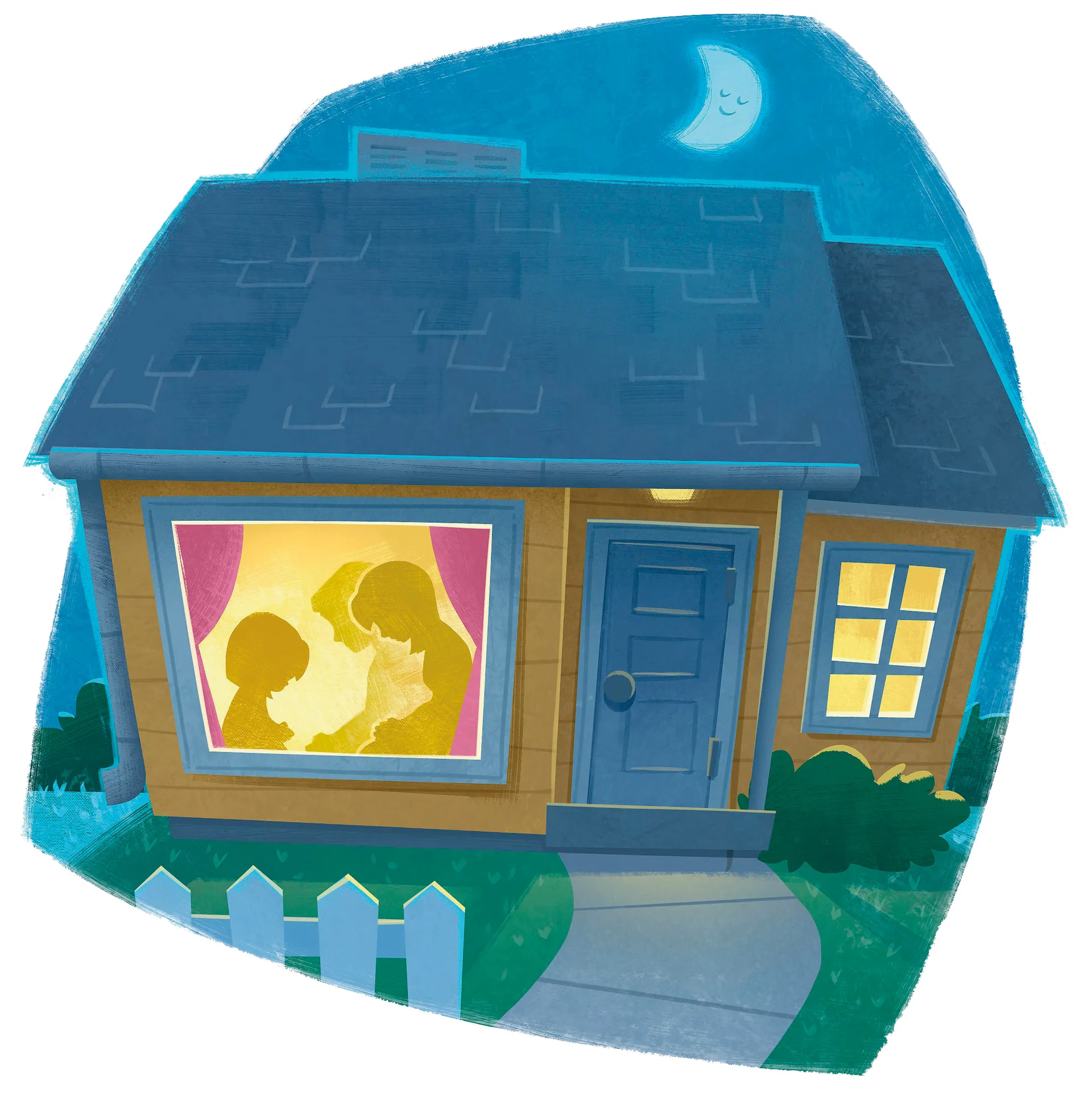 A silhouette of a family praying through the window of their living room.