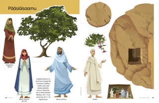 cut-out figures of Jesus, Mary, and the tomb