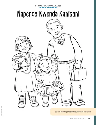 coloring page of children walking to church