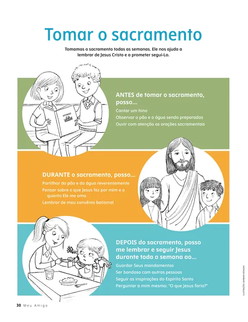 Página em PDF com ilustrações de crianças cantando um hino, Jesus Cristo com duas crianças e uma menina alimentando um bebê à mesa