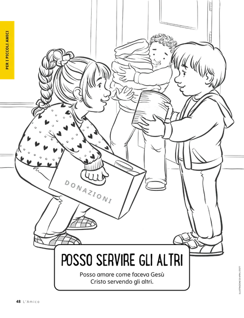 Pagina da colorare con bambini che portano delle donazioni
