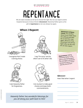 Page PDF with illustrations of boy breaking a vase with a baseball, cleaning up the mess, praying, and hugging his mom