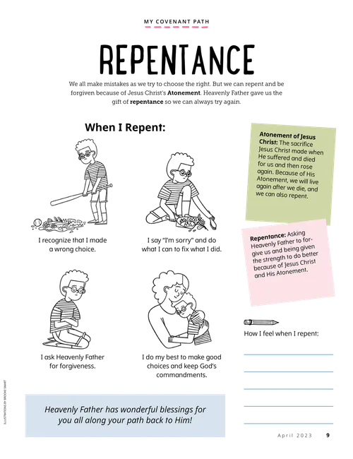 Article PDF with images of a boy with a broken vase, cleaning it up, praying, hugging his mother