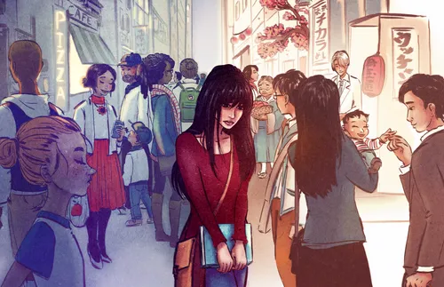 young woman looking sad in a crowd