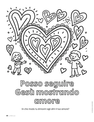 Pagina da colorare con bambini e grandi cuori