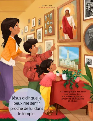 family looking at picture of Jesus on the wall