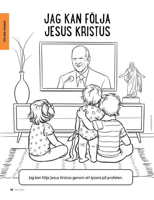 Pdf med färgläggningssida med barn som tittar på generalkonferensen på TV.