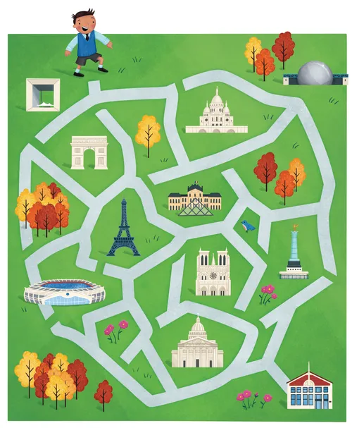 maze in Paris with boy walking to church