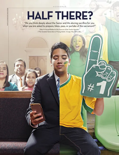 A composite image of a young man. Half of the image shows the young man in a suit and tie, sitting on a pew and looking at his phone. The second half of the image shows the young man in casual attire at a sporting event.