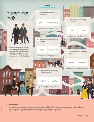 សកម្មភាព​សំណួរ​សាកល្បង​តាម​តារាង​លំដាប់លំដោយ ដោយ​មាន​​អគារ និង​មនុស្ស​មក​ពីសតវត្សរ៍​ទី​ដប់ប្រាំបួន​របស់​សហរដ្ឋ​អាមេរិក​នៅ​ផ្ទៃ​ខាងក្រោយ