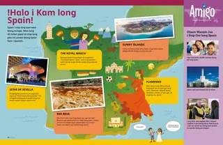 Pikja droing blong map blong Spain i soemaot, wan gita, wan flamenko danis, mo wan tempol.