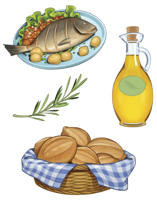 Fish, a bottle of oil, and bread
