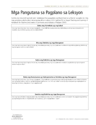 handout, Mga Pangutana sa Pagplano sa Leksyon