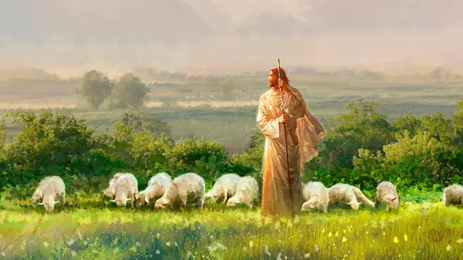 Christ stands in a field and watches over the sheep.