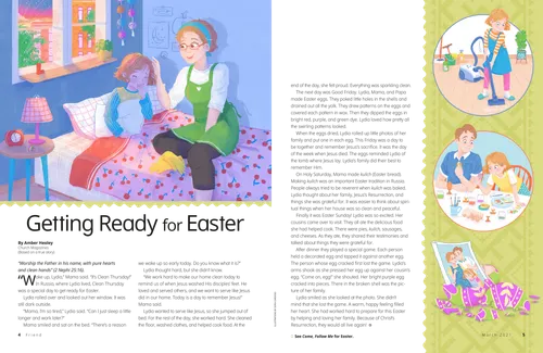 Page PDF with illustrations of a woman waking up her daughter in bed, the girl vacuuming, the family dyeing eggs, and a family photograph