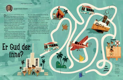PDF-side av en labyrint med illustrasjoner av en familie som reiser til et tempel med forskjellige typer transport’