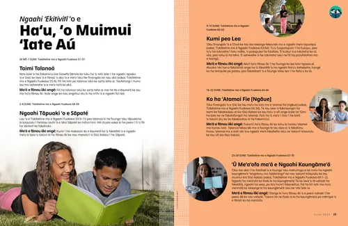 Peesi PDF ʻo ha kiʻi taʻahine ʻokú ne pukepuke ha folofola ʻoku tuʻu ʻi ha siakale ʻo ha fānau ʻoku nau tangutu