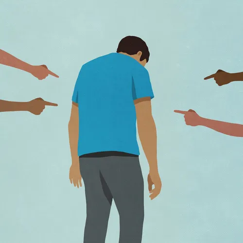 an illustration of fingers pointing at a dejected man