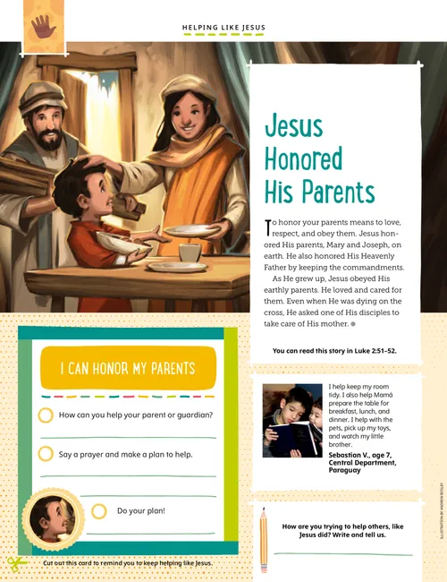 Page PDF with illustration of Jesus Christ as a boy helping His parents, plus a writing activity