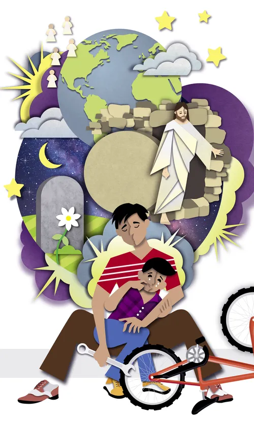 Father and son fixing bike