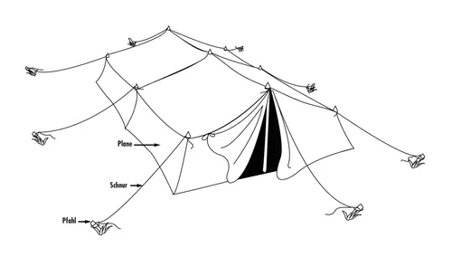Zeichnung eines großen, mehrteiligen Zeltes mit Pflöcken und Schnüren