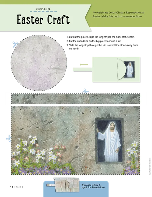 Page PDF with cutout activity of the stone rolling away from the door of Jesus Christ’s tomb