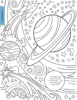 Coloring page of planets and stars