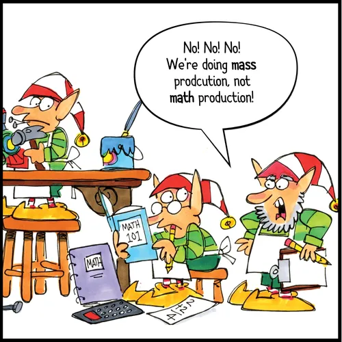 elves in Santa’s workshop making toys, one doing math