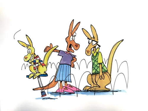 kangaroo parents talking, kangaroo child with pogo stick