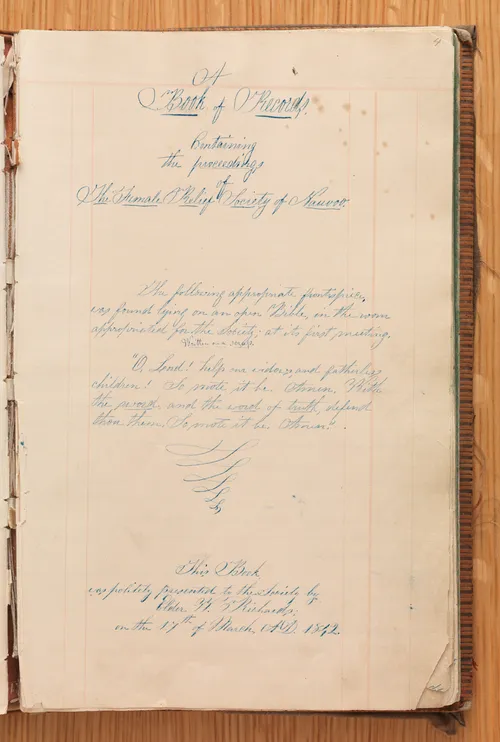 manuscript title page of the Nauvoo Relief Society minute book