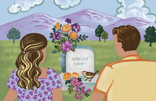 couple in front of tombstone