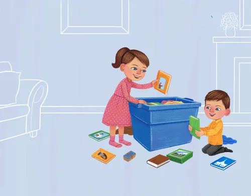 Children taking books and toys out of a large tub