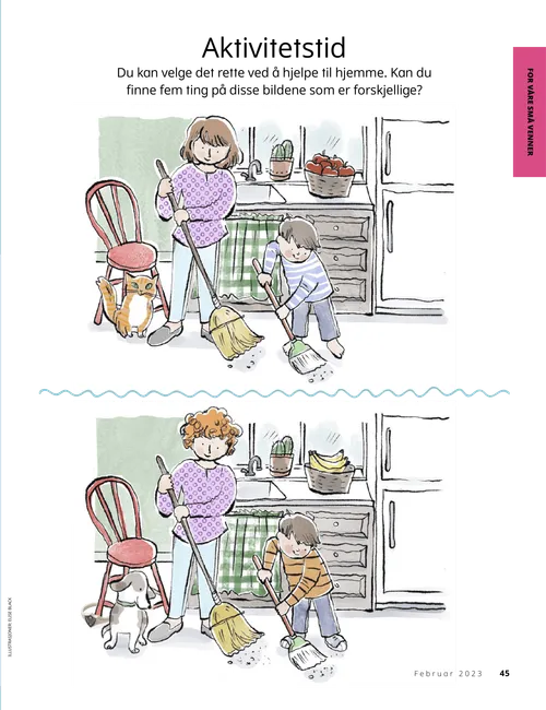 PDF-side med illustrasjoner av en gutt og en kvinne som feier et kjøkkengulv, samt en aktivitet der man skal finne forskjellene