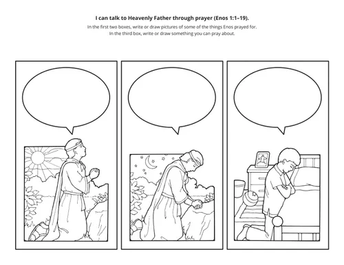 An illustration of Enos praying by day and by night, and a boy praying by his bed.