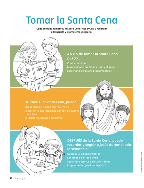 Página en PDF con ilustraciones de niños cantando un himno, Jesucristo con dos niños y una niña dando de comer a una bebé en una mesa