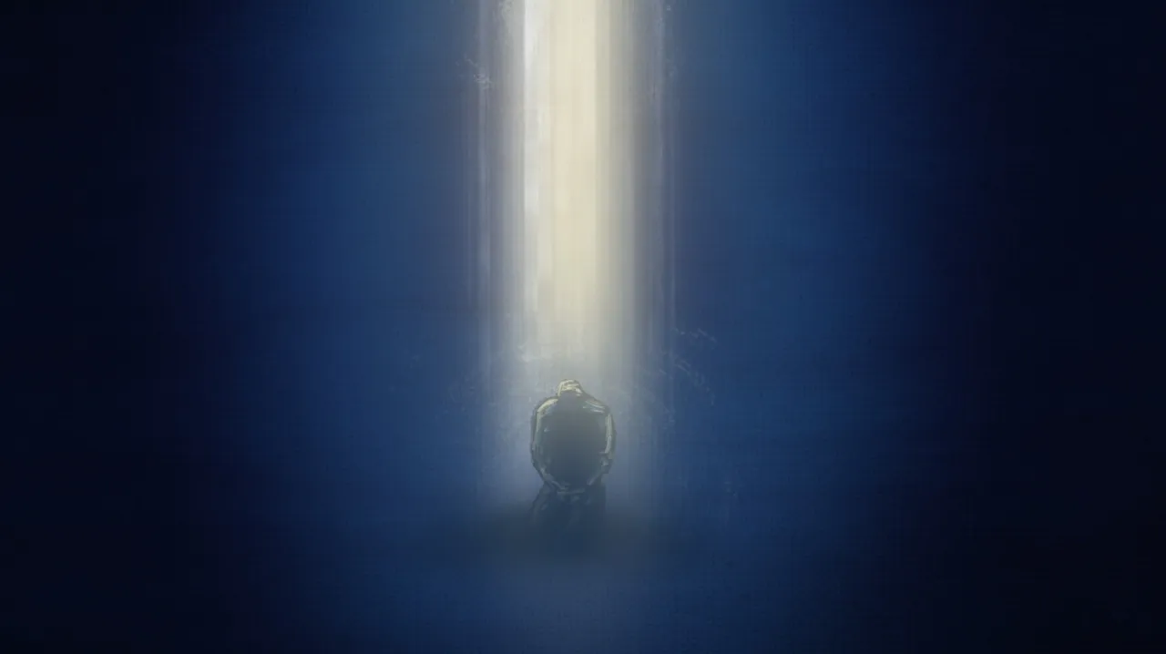 A light from heaven shine on a man kneeling in prayer