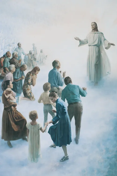 Resurrected Christ with arms outstretched stands above a throng of people of all races and times, some prone, some standing. The people on the right side of Christ are in the attitude of worship. The people on the left side of Christ are in anguish. Scenes of ruin are in the foreground and background. The Washington D.C. temple is pictured in the upper left corner.