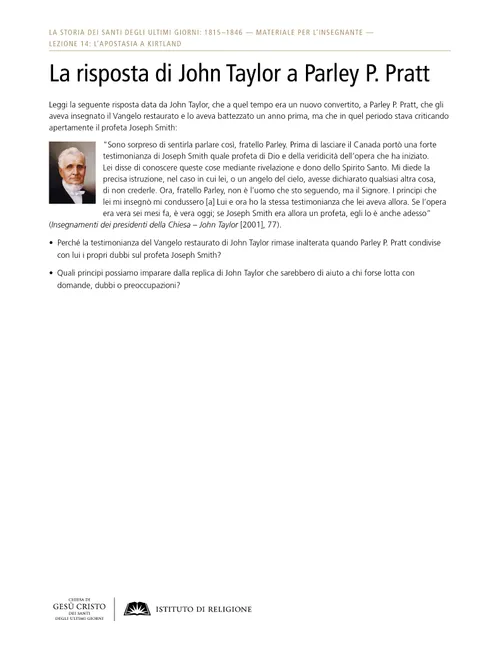 Approfondimento – La risposta di John Taylor a Parley P. Pratt